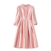 2024 Spring Pink Solid Color Dress 3/4 Sleeve Round Neck Kne-Length Casual Dresses W4M053205