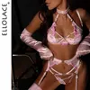 Ellolace Fancy underkläder Sensual Fairy Underwear 4piece Halter BH Cut Out Thongs Delicate Luxury Lace Exotic Set Sissy Outfit 240305