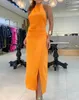 Abiti casual eleganti per le donne abito senza maniche con spacco increspato 2024 primavera/estate ultima moda semplicità o-collo skinny maxi