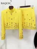 Autumn Womens Fashion Sexy Diamond Beaded Zipper Short Top Skirt Yellow Two Piece Suit Set High Quality Luxury Matching Sets 240226