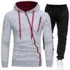 Printemps Automne Hommes Sweat Costume Lettre Imprimé Fermeture Éclair Poches À Capuche Cordon Pantalon De Survêtement Mode Surdimensionné Mâle 2Pcs Ensemble 240226