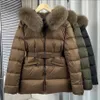 Women designer luxury jacket winter down jackets fur coats real raccoon fur collar parkas with belt lady duck feathers coat outerwear big pocket black white color