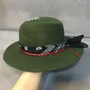 Sombrero Fedora de ala ancha verde de estilo étnico, sombreros de fieltro de lana 100% para mujer, sombrero de Panamá con cinta de turbante, estilo Porkpie aplastable 202W