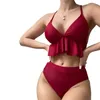 Mulheres Swimwear Mulheres V-Pescoço Biquínis Moda Cor Sólida Maiô Back Straps Sexy Ruffled Ribbed Pequeno Peito Beachwear