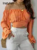 Blouse Women Elegant Off Shoulder Print Blouse Sexy Lace Up Bow Backless Slim Shirt Casual Long Sleeve Chic Crop Top Streetwear Tunic