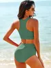 2024 New Solid Color Printed Split High Waist Tank Top Sports Conservative Swimwear