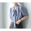 Women's Blouses Gentle Wind Short Sleeve Top Bubble Bow Lace-up Fashion Clothes Hanging Blue Chiffon Shirt