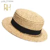 Largo Brim Chapéus Bucket Chapéus Verão Feminino Natural Stiff Trigo Str Boater Fedora Top Flat Chapéu Mulheres Praia Plana Brim C com Red Navy Stripe Ribbon RH L240308