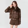 2024NEW Spring Women Retro Short Faux Leather Fur Coat Coating Moto Moto Zipper Sheepesk Sheep stack