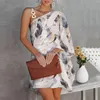 Casual Dresses Summer For Women One Shoulder Feathers Print Midi Dress Half Bat Sleeve Loose Metal Strap Sundress Robe Femme