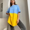 Camiseta feminina de verão, manga curta, gola redonda, roupas, cor contrastante, solta, nova moda, casual, fenda lateral, camiseta longa