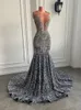 Luxurous Long Sparkly Prom Dresses Sheer O-neck Luxury Silver Crystals Diamond Sequin Mermaid Black Ladies Prom Party Gowns