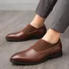 Casual Shoes Classic Brogue Dress Fashion Leather for Dinner Men Breathale Man Elastic Band Slip-on Oxford Manager Office