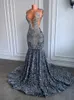 Vintage Sparkly formal Dresses Sheer O-neck Luxury Silver Crystals Diamond Sequin Mermaid Black Ladies Prom Party Gowns