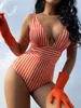 2024 Womens Bikini New One-piece Large V-neck Striped Backless Women's Sexy Swimsuit Designer Sexy Beach Bikinis Swim Suit Swimwear 383