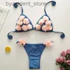 Women's Swimwear Solid Black Swimsuit Women Low Waist Bikini Set with Flower Decoration Beach Swimwear Bathing Suit S-XL L240308