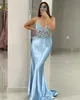 2024 Aso Ebi Luz Céu Azul Sereia Vestido de Baile Frisado Flores Noite Festa Formal Segunda Recepção 50º Aniversário Vestidos de Noivado Vestidos Robe De Soiree Zj67 328