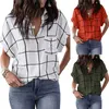 Kvinnors blusar vintage blus Lous Tops Femme Blusas kort ärmtryck tryck utskrifter Casual Plaid Pocket V-Neck Arts Style