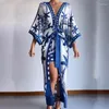 Festklänningar avslappnad halvärmad bohemisk klänning Sexig kvinnors v-ringning tryckt lång modepliktning snörning a-ord semester