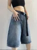 Shorts pour femme ceinture épissage conception jambe large rétro Denim unisexe Style Capris été femme taille haute jean court ample