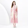 Maxi White Floral Womens Dress Stand Collar Long Sleeve Designer Printing Buttons Cardigan DressesLadies Sashes Bow Office Casual Party Robes Clothes Semester