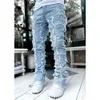 Jean homme coupe régulière empilé Patch en détresse détruit droit Denim pantalon Streetwear vêtements décontracté Jean 936 951