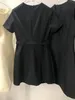 Milan Runway Dress 2024 Black Crew Neck Short Sleeves Slim belt Buttons Long Dresses Holiday Vestidos De Festa 3081