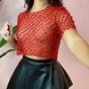 Womens t Shirts Taruxy Mesh Splice Sequins Cover-up Women Sexy See Through Short Sleeve Crop Tops Ladies 2024 Party Beach Cover Up Femme