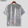 Hommes T-shirt Brillant O-cou À Manches Courtes Streetwear Lâche Mode Camisetas Poches D'été Fête T-shirt Occasionnel Hauts S-5XL INCERUN 240220