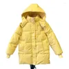 Casacos de trincheira femininos amarelo com capuz para mulheres jaqueta de algodão comprimento médio moda coreana engrossar parkas inverno 2024