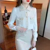 Bluzki damskie 2024 Jesienna moda Tweed patchwork szyfonowa bluzka kobiet vintage długie rękawowe topy o ol koszulce żeńskie ubrania