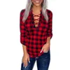 Women Plaid Tops Streetwear Long Sleeve Vneck Shirts Ladies Casual Fashion Print Lace Up Blouse Christmas Party Tshirt 240229