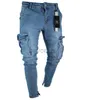 Jeans voor heren Herenjeans met gescheurde zak Blauwe effen kleur Denim broek Heren Slim Fashion High Street Biker Jeans Mannelijke lange broek Jeans met potloodbroek 240308