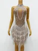 Stage Wear Sexy Strass Brillant Franges Blanches Robe Sans Manches Femmes Costume Performance Danse Chanteur Xuerong