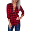 Women Plaid Tops Streetwear Long Sleeve Vneck Shirts Ladies Casual Fashion Print Lace Up Blouse Christmas Party Tshirt 240229