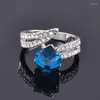 Cluster Rings LEEKER Retro Cube Square Blue Crystal For Women Silver Color Leaf Ring Female Jewelry Accessories ZD1 XS8