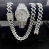 Chains 3PCS Men's Iced Out Chain Necklace Bracelet Watch Men Hip Hop 15MM Studded Large Heavy Gold Cuban Link Jewelry Set Wom211Z