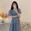 Korean Style Summer Maternity Puff Sleeve Chiffon Dress High Waist ONeck Pregnant Woman Lightweight Ball Gown Blue Purple 240301