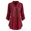 Damesblouses Blouse met lange mouwen voor dames Trendy tops Elegant Henley gehaakt shirt met V-hals en bloemenkant