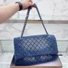 10S Vintage Luxury Handbags Women Bag Handbag 25cm Purses Designer Flap Bags Shoulder Dark Blue Denim Silver Chain Hardware Should Straps
