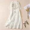 Summer Ramie Dress Artistic Embroidery Round Neck Half Sleeves Pullover Fairy Beautiful Long Skirt Womens