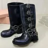 2024 Hness Boots Belt Buckled Cowhide Leather Biker Knee Boots Chunky Heel Zip Knight Boots Fashion Sque Toe Ankle for Women Luxury Designer Shoes Factory