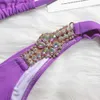 Kobietowe letnie letnie kryształowe diamentowe fioletowe bikini zestaw damski dwupoziomowy żółty strój kąpielowy seksowny lampart strojów kąpielowych solidne plażowe odzież s-xl l240308