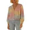Women Puff Long Sleeve Sweater Cardigan Twist Cable Knitted V-Neck Knitwear Coat Button Down Gradient Rainbow Jacket 240228