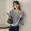 Blusas femininas Onalippa Design Irregular Off-ombro Blusa Mulheres V Neck Babados Listrado Mangas Compridas Tops Moda Coreana Pulôver Solto