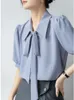 Women's Blouses Gentle Wind Short Sleeve Top Bubble Bow Lace-up Fashion Clothes Hanging Blue Chiffon Shirt