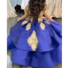 Royal Blue and Gold Girls Graduation Festzugskleider Ballkleid Spitze Kristall Kurzarm Schnürung erster Kommunionkleid Party Formal