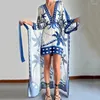 Festklänningar avslappnad halvärmad bohemisk klänning Sexig kvinnors v-ringning tryckt lång modepliktning snörning a-ord semester