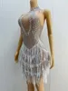 Stage Wear Sexy Sparkly Rhinestones White Fringes Sleeveless Dress Women Costume Performance Dance Singer Xuerong