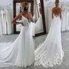 Dentelle Boho Une Ligne Robes De Mariée Bretelles Dos Nu Bouton Appliques Balayage Train Designer Robes De Mariée De Mariage ppliques